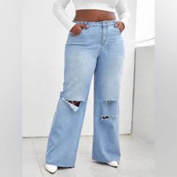 SHEIN High Waist Ripped Distressed Wide Leg Jeans - Picture 1 of 11